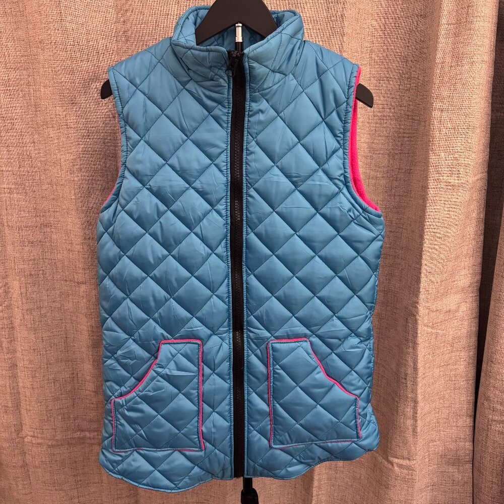 Bright Blue Quilted Puffer‎ Vest XL Pink Lined Zip Front - Picture 2 of 4